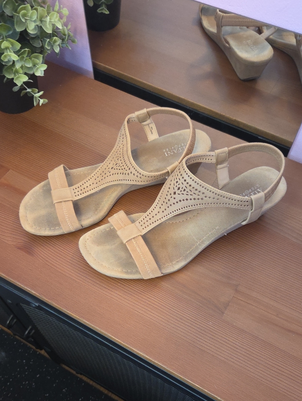 Alfani Beige/Tan Laser-Cut T-Strap Slingback Sandals